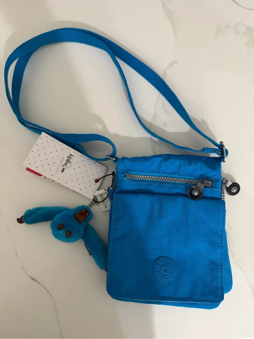 Kipling Bright Blue Nylon Crossbody with Monkey Charm